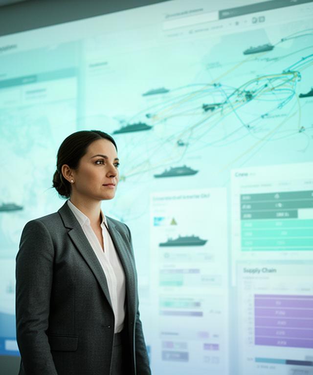 Operationsleiterin vor einem digitalen Kreuzfahrt-Dashboard mit Routen, Crew-Einsatzplänen und Versorgungsdaten