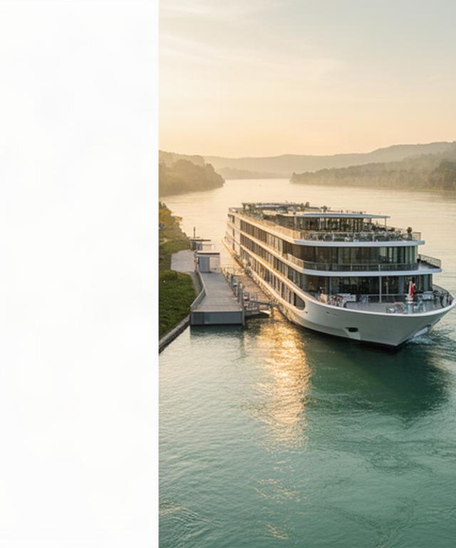 Modernes Flusskreuzfahrtschiff am Anleger an der Donau bei frühem Morgenlicht