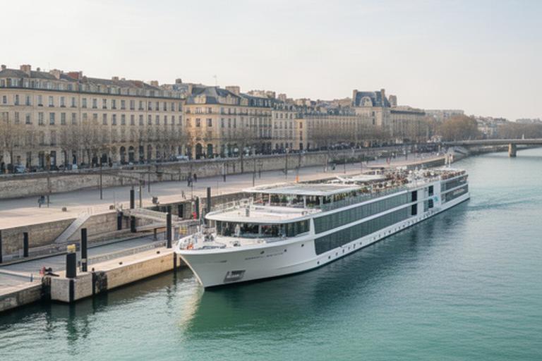 Flusskreuzfahrtschiff an einem europäischen Hafen mit klar sichtbaren Liegeplätzen und Uferpromenade