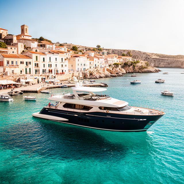 Boutique-Yacht vor einer kleinen mediterranen Hafenstadt mit türkisfarbenem Wasser
