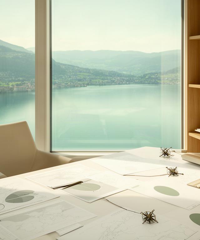 Helles Beratungsbüro in Nyon mit Arbeitstisch, Routenplänen und Blick auf den Genfersee