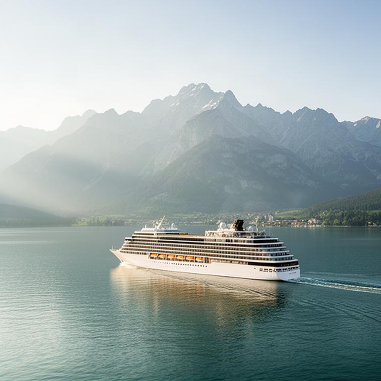 Kreuzfahrtschiff auf dem Genfersee vor der französischen Alpenkulisse bei klarem Morgenlicht